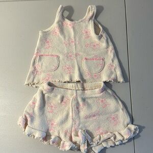 Minimally worn Zara knit summer set with pink flowers. ruffle shorts
